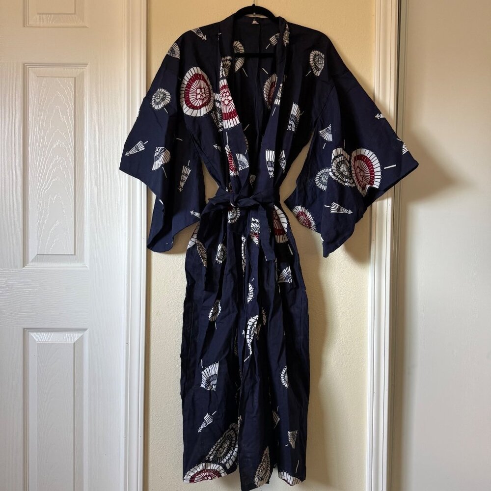 Vintage Japanese Blue Kimono Robe Gown MADE IN JAPAN Sz Small